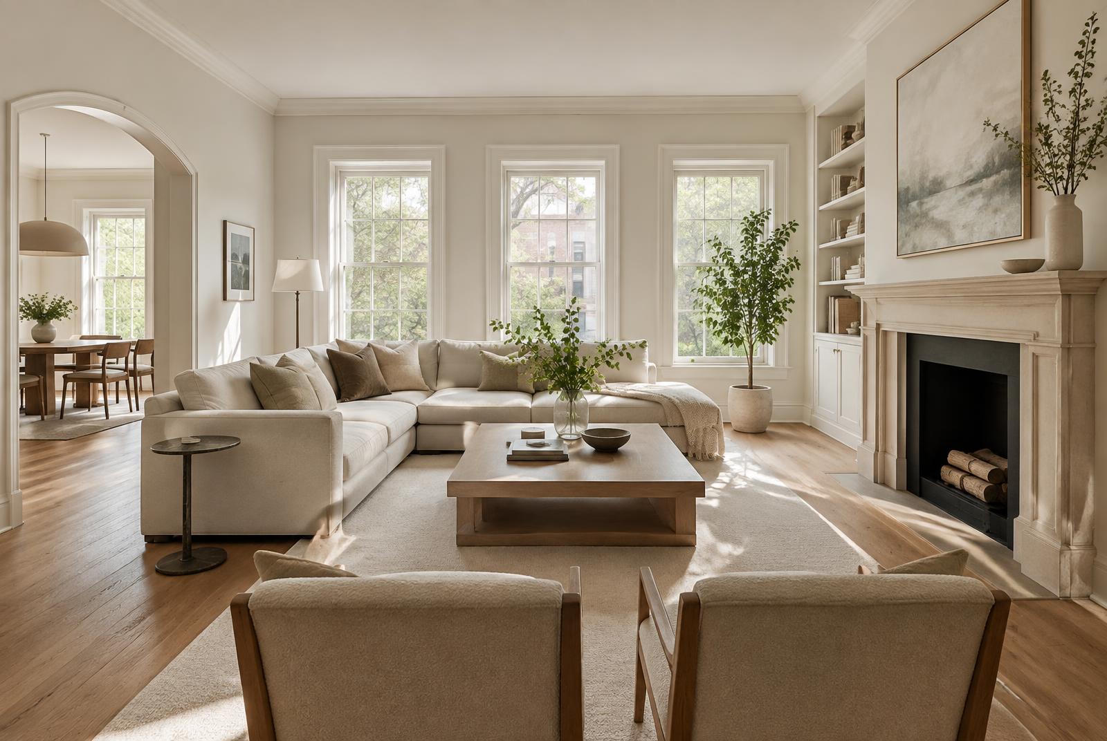 Renovated residential living room with warm neutral finishes — representative photography from a Vitalii Lunko renovation project